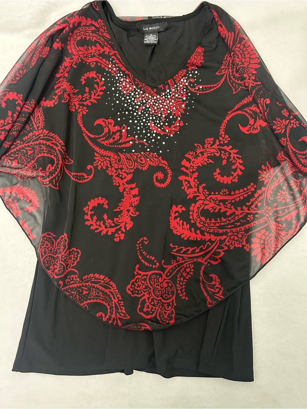 Liz Claiborne Black & Red Paisley Overlay V-Neck Top